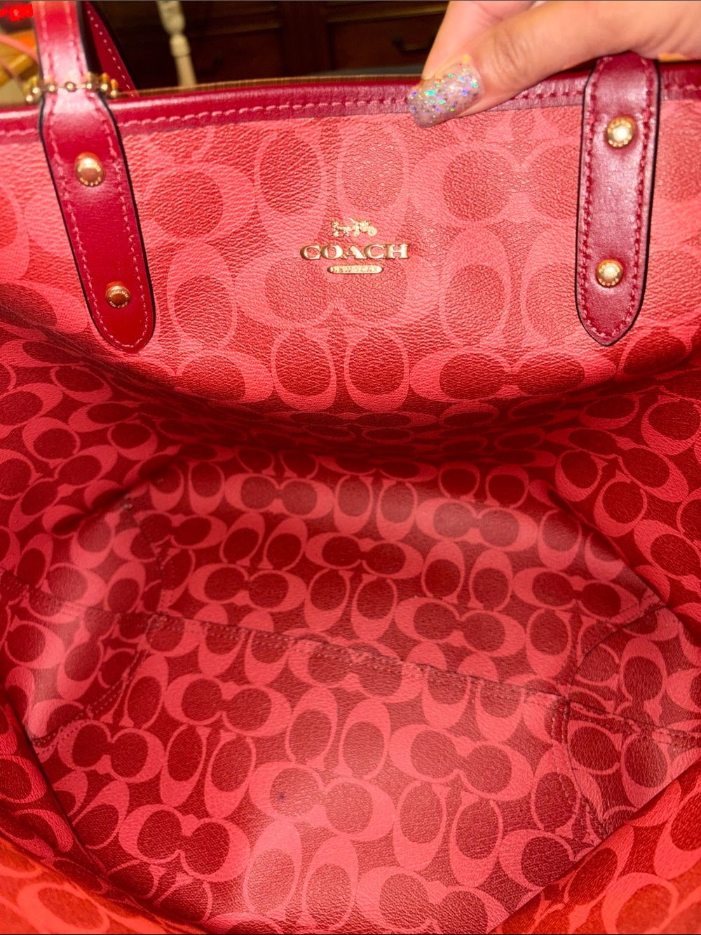 Coach Brown Signature Tote with Red Trim and Matching Red Pouches - Picture 4 of 10
